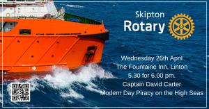 Our meeting on Wednesday 26th April will be at the Fountaine Inn, Linton at 5.30 for 6.00 pm. Our Guest Speaker will be Captain David Carter - Modern Day Piracy on the High Seas.